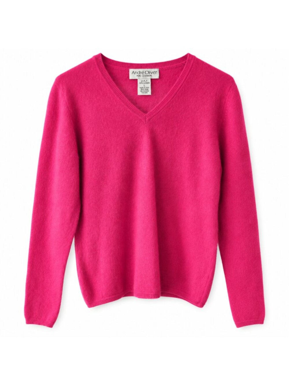 Andre Oliver 100% 2-Ply Pure Cashmere V-Neck Sweater, Fuchsia Pink, Size L